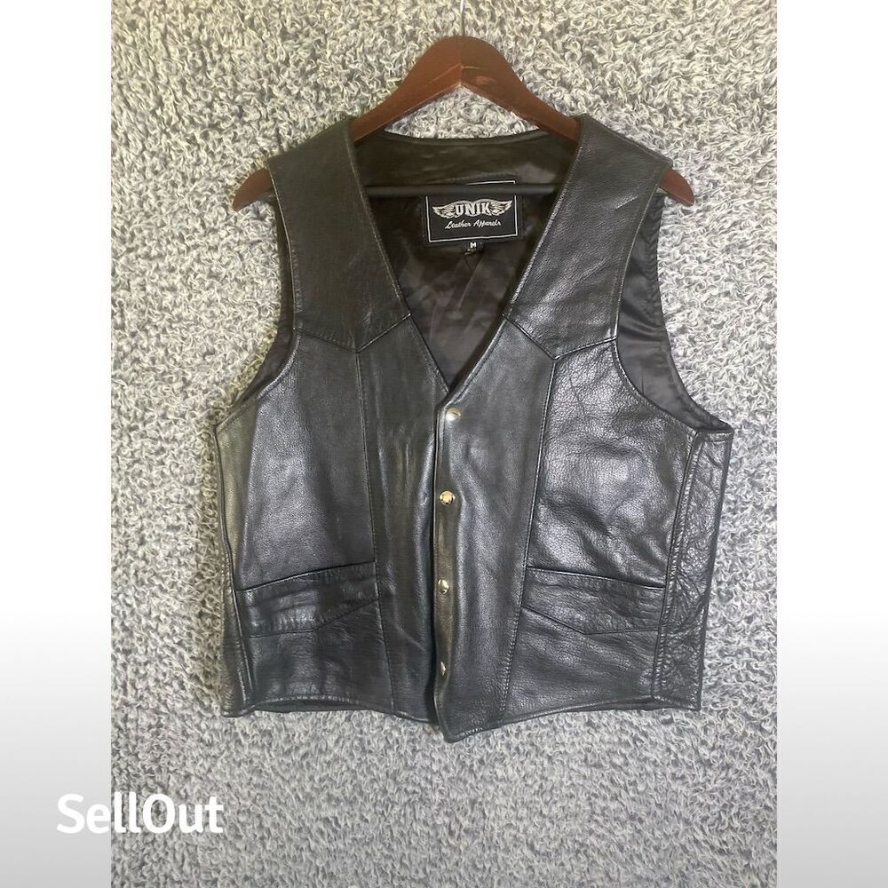 Unik Men's Black Leather Motorcycle Vest Medium Snap Closure